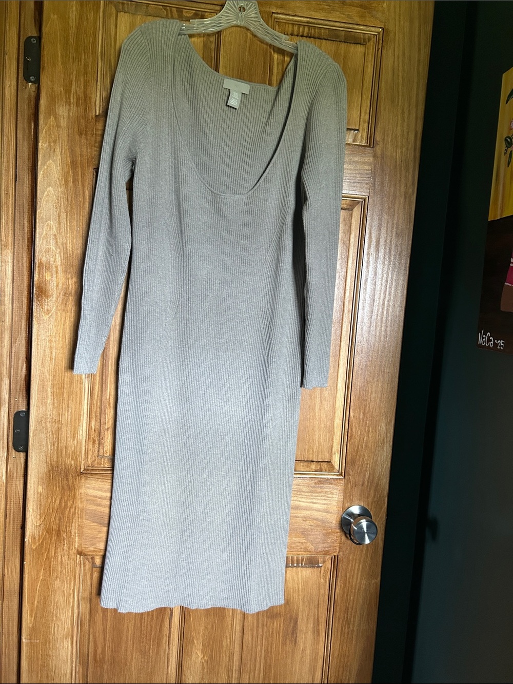 H&M Ribbed Scoop-Neck Long Sleeve Midi Dress - Gray